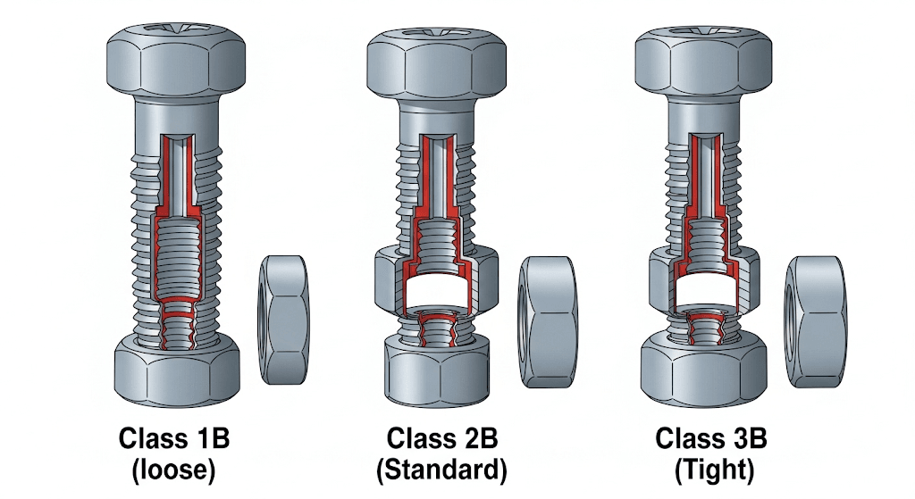 1B loose Class 2B standard and Class 3B tight cnc thread