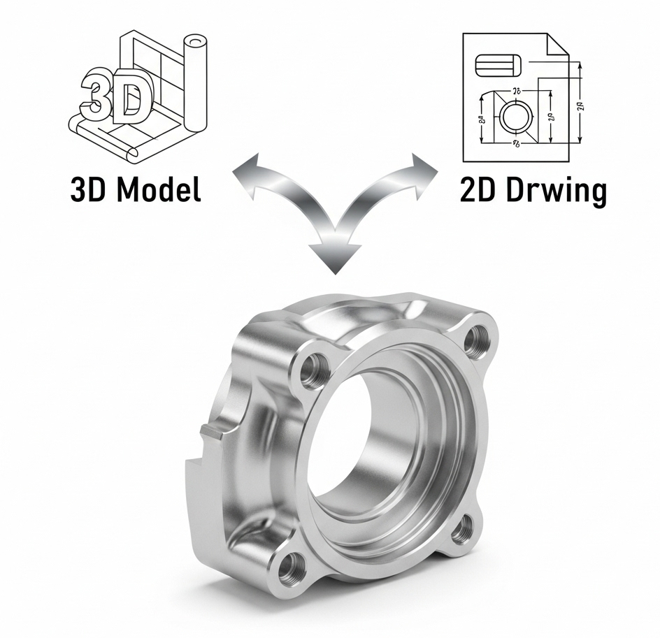 3D Models vs. 2D Drawings for CNC Machining Projects 28 2D 3D Parts Drawings Parts Process e1753366967955