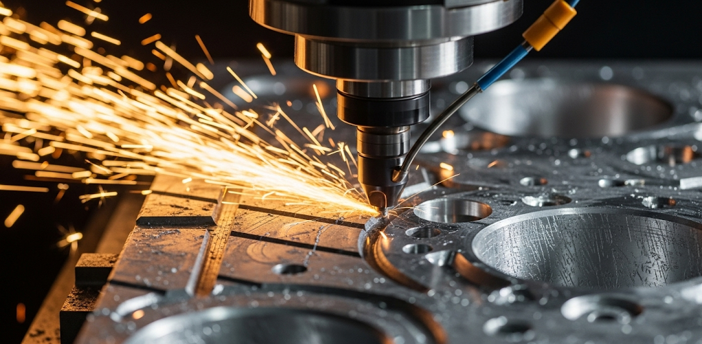 Bir CNC makinesinin metal parça keserken yakın plan çekimi e1752809223481