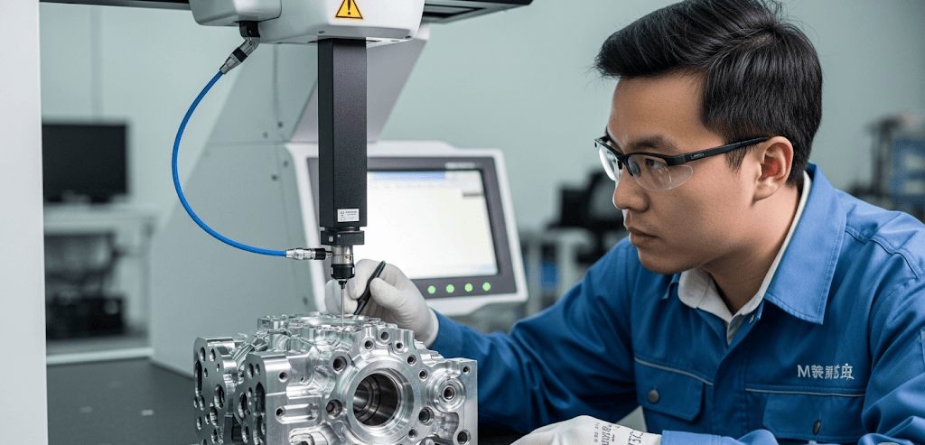 Un inspector de control de calidad usando una máquina CMM para medir una pieza compleja mecanizada por CNC, destacando el enfoque en precisión y aseguramiento de calidad e1753193070836