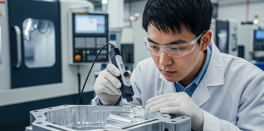 A quality control inspector using a surface roughness tester profilometer on a finished CNC aluminum part to ensure it meets specifications e1753152999545