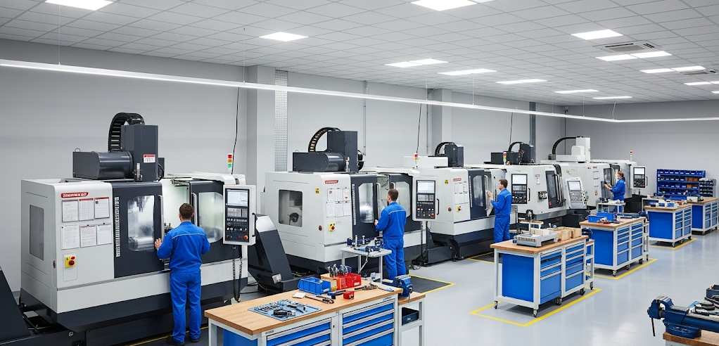 A shot of the ly machining workshop showing clean organized CNC machines in operation conveying professionalism and capability e1753153128462