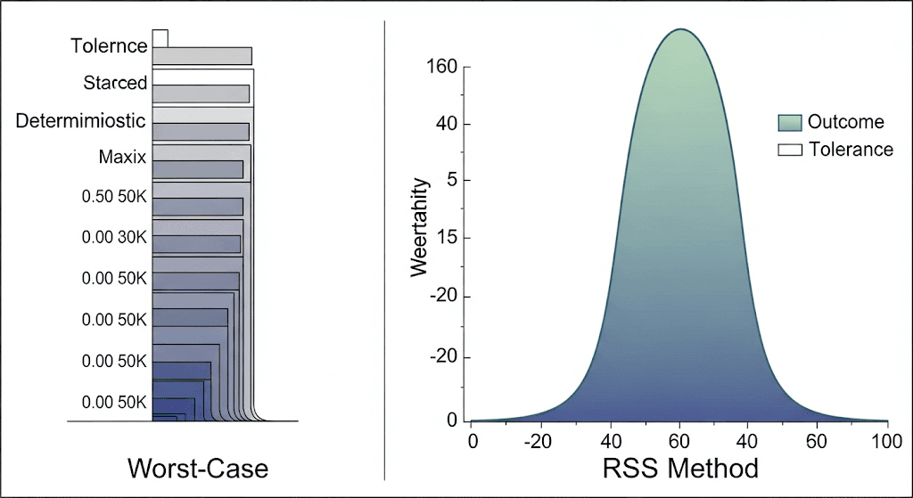 Una comparación visual de los métodos de peor caso y RSS. De un lado, una pila lineal de barras de tolerancia. Del otro, un gráfico de curva de campana que ilustra la probabilidad estadística