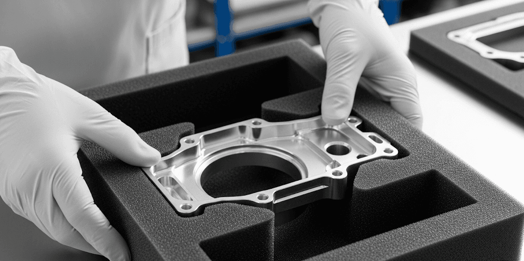 Aluminum alloy CNC machined parts are placed in a custom made black high density foam liner e1752464160655