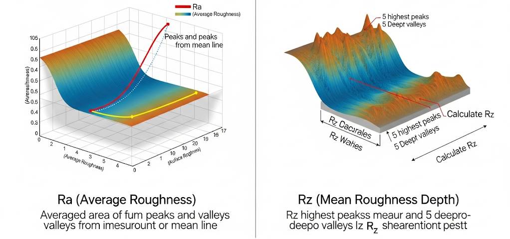 Bir infografik, yüzey profil grafiğinde Ra ve Rz'nin nasıl ölçüldüğünü görsel olarak karşılaştırıyor e1752809937853