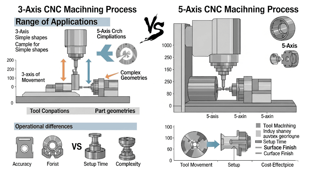 Comparación del proceso de mecanizado CNC de piezas de máquinas de 3 ejes y de 5 ejes