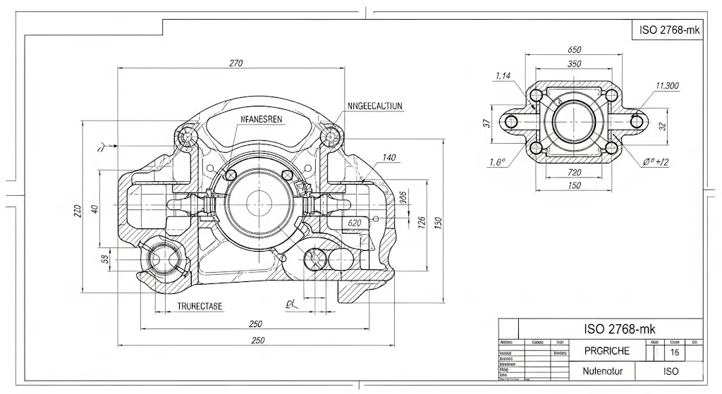 Boyutlara işaret eden açıklamalarla detaylı ve net mühendislik çizimleri ISO 2768 mk