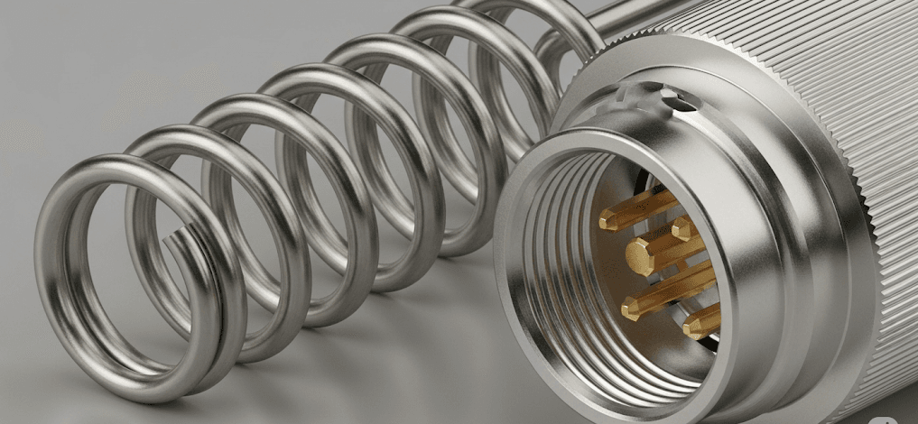 Foto detallada de un delicado resorte de cobre de berilio C17200 junto a un conector eléctrico de alta frecuencia demostrando la precisión del mecanizado CNC e1753861150561