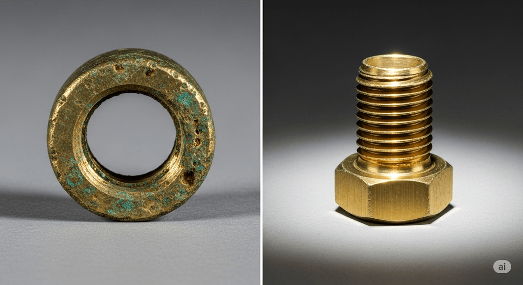 H65 brass precision bolts contrasting green patina and porous structure