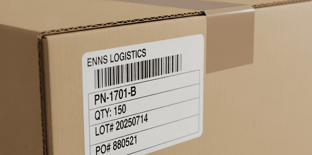 Labels with clearly identifiable information such as the barcode part number quantity lot number and customer purchase order number PO Number e1752464612300