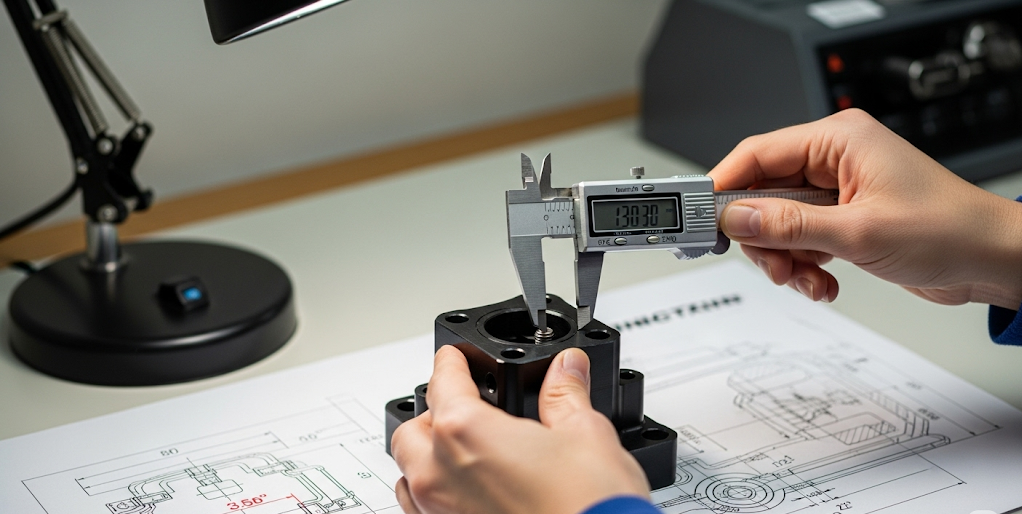 Measuring the critical hole distance of a CNC machined black finished part e1752460310232