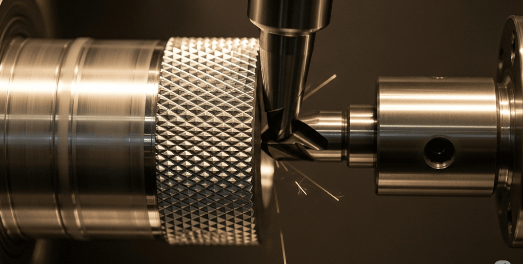 Bir CNC torna tezgahının kesici takımı, dönen silindirik metal parçada keskin bir elmas çentikleme deseni oluşturur e1752817346616