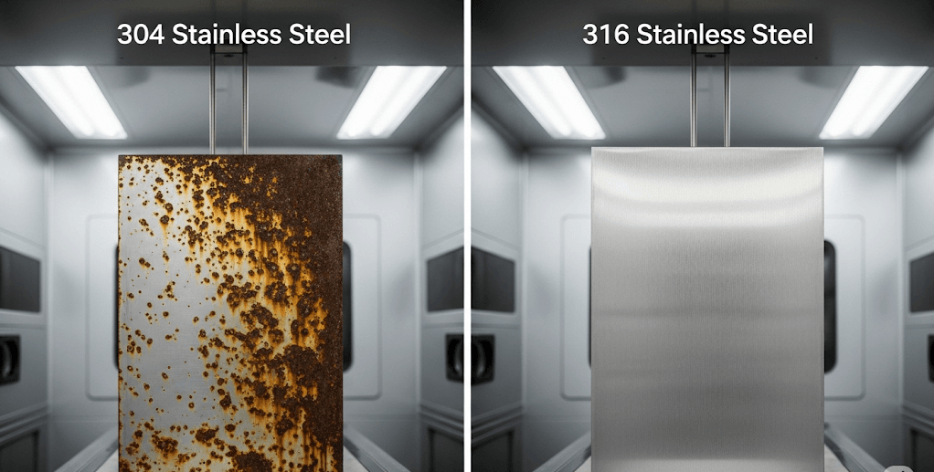 The left panel is labeled 304 Stainless Steel and shows a sheet of metal that has visible pitting and rust streaks after exposure to salt spray e1752568146184