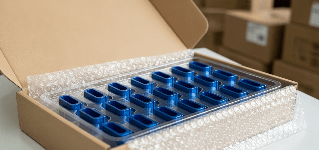 The top layer is a clear plastic molded tray with 10 identical anodized blue CNC machined pieces neatly fixed in their respective grooves e1752464399372