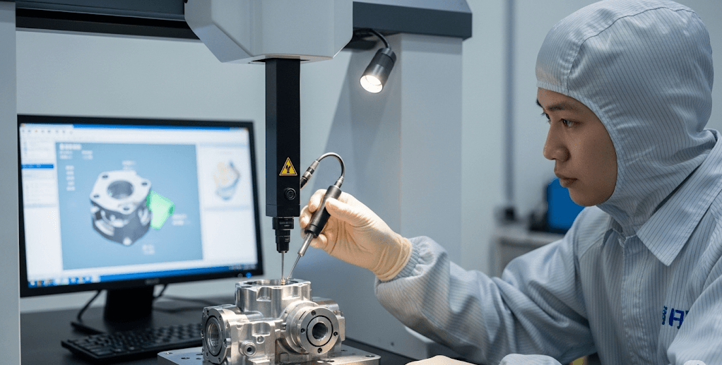 Using a CMM probe to inspect a complex stainless steel machined part e1752463709383