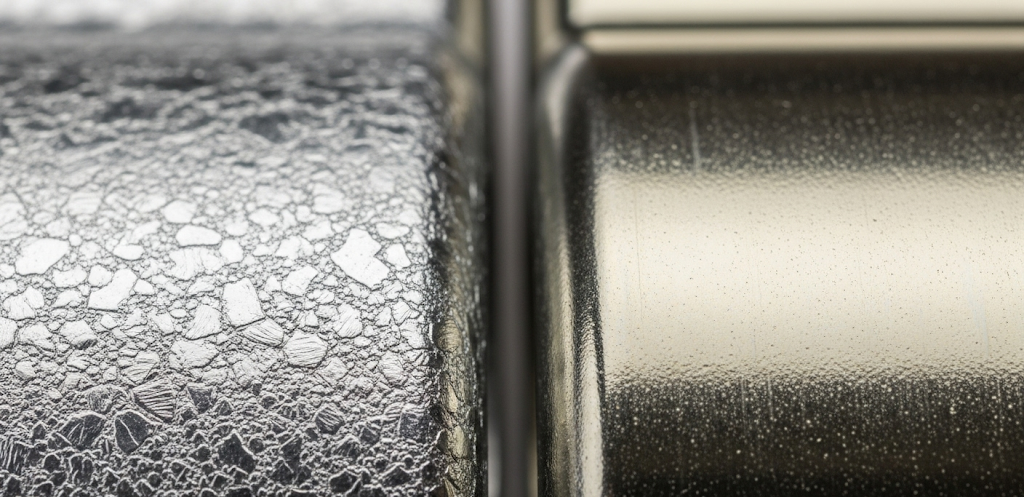 Una toma macro que muestra las texturas distintas de dos piezas metálicas, una con un recubrimiento en escama de zinc gris mate y la otra con un plating de aleación de zinc-níquel más brillante y suave e1755424657341