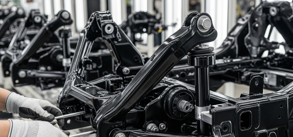 Una toma de aplicación que muestra componentes complejos del chasis automotriz con un acabado mate negro DBL 9441.50 siendo ensamblados e1755500617724