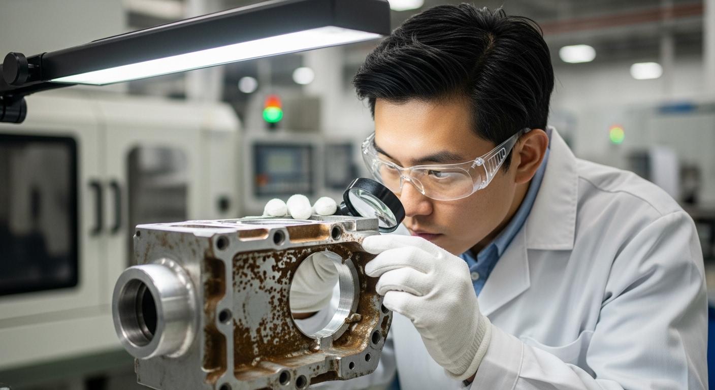 Un ingeniero chino en un entorno de fábrica en China inspecciona una pieza mecanizada en aluminio por CNC corroída, destacando problemas comunes de durabilidad antes de prop
