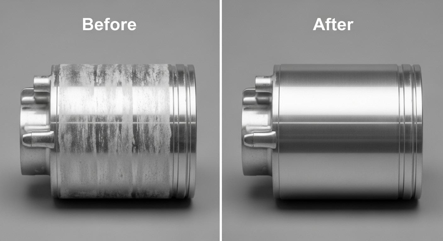 A before and after comparison image of an aluminum optical instrument housing. The Before side shows a part with visible white hazing and stre