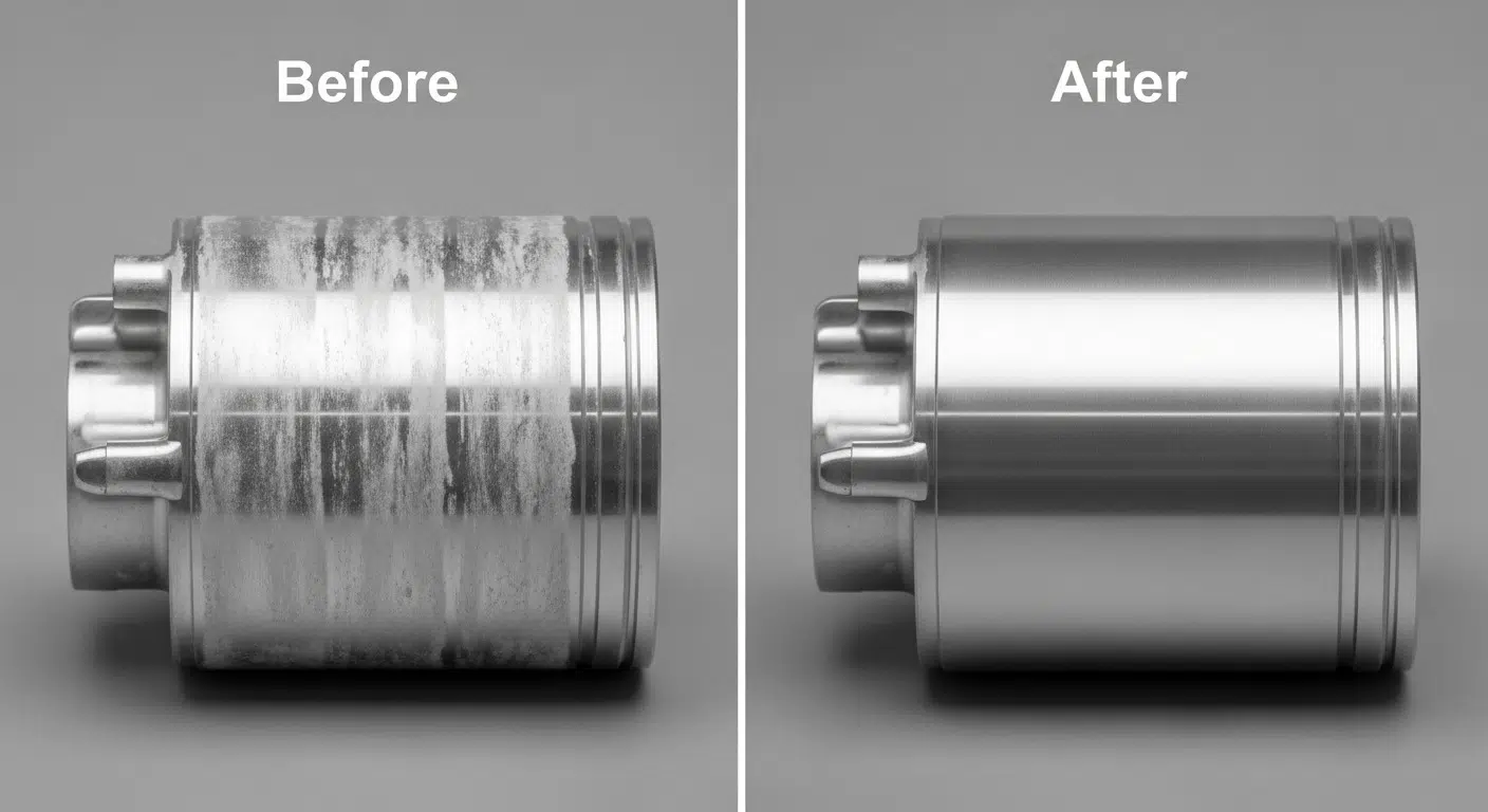 A before and after comparison image of an aluminum optical instrument housing. The Before side shows a part with visible white hazing and stre
