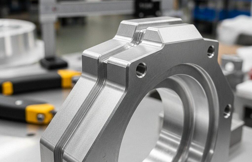 A close up high angle shot of a meticulously CNC machined aluminum part freshly machined with a smooth silvery finish ready for surface treatm 1 e1758789537195