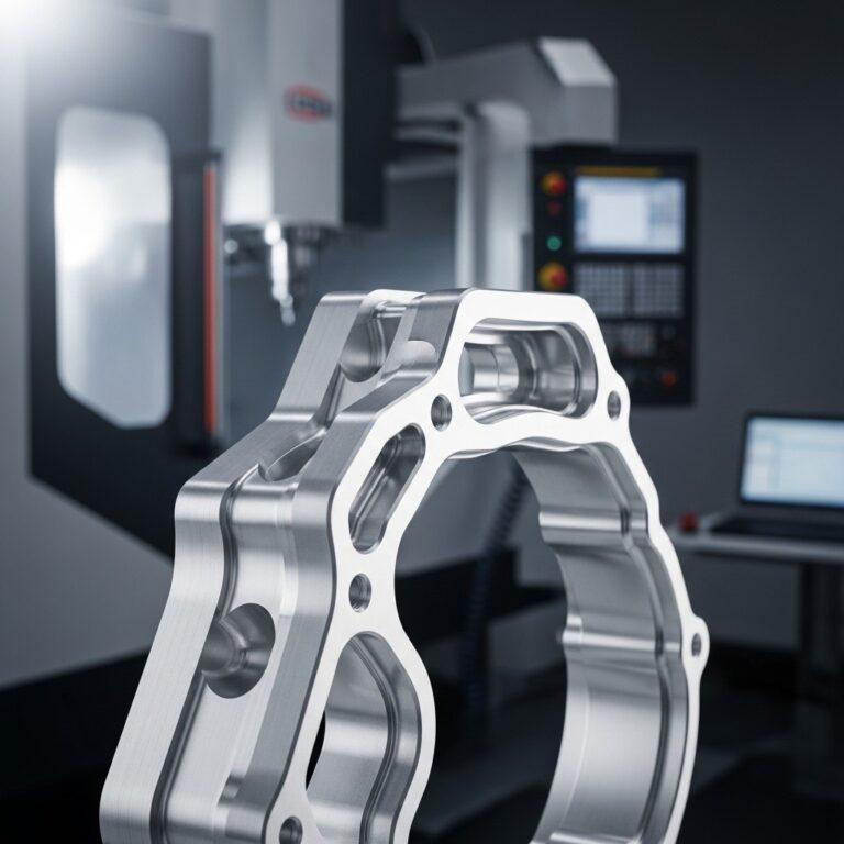A close up high resolution studio shot of a perfectly machined sleek aluminum CNC part with a pristine uniform surface finish glowing under so