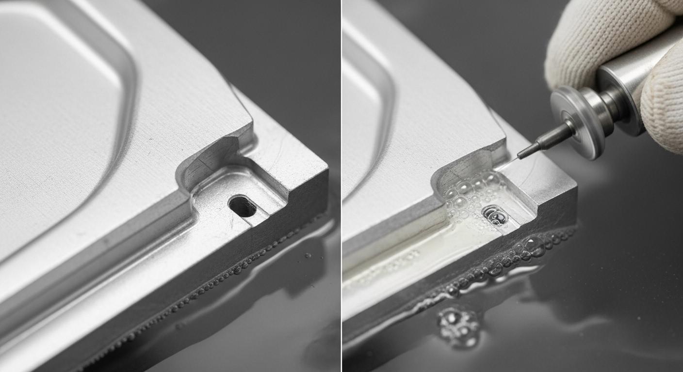 A close up professional photograph of an aluminum part undergoing post processing specifically a deburring operation using a specialized tool or