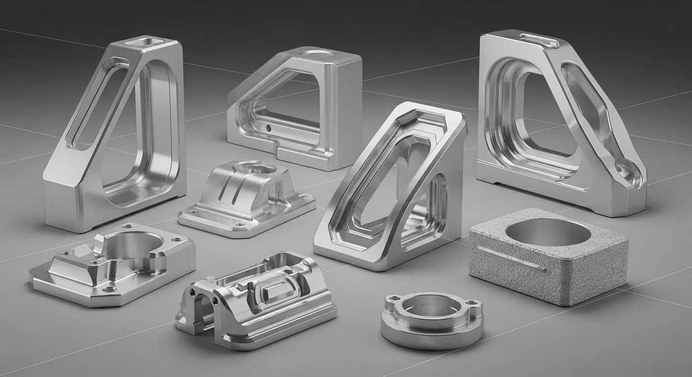 A collection of diverse high precision CNC machined aluminum parts showcasing various finishes e.g. brushed polished bead blasted and intri