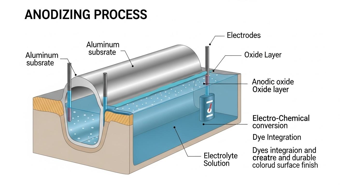 A detailed infographic illustrating the anodizing process for aluminum. It should show a cross section of an aluminum part immersed in an electrol