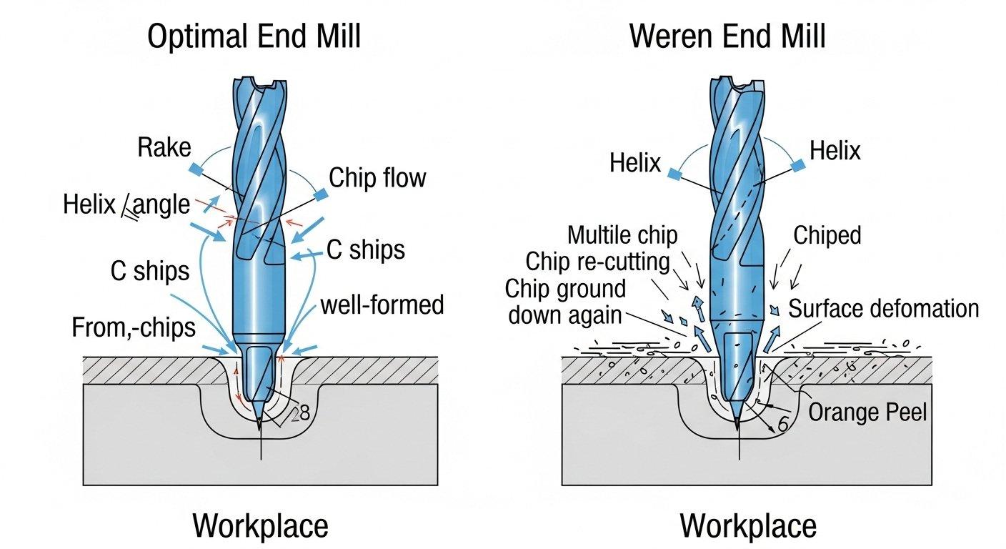 Un gráfico vectorial detallado que ilustra diferentes geometrías de herramientas. Una sección muestra una fresa de extremo óptima con ángulos de corte y hélice correctos.