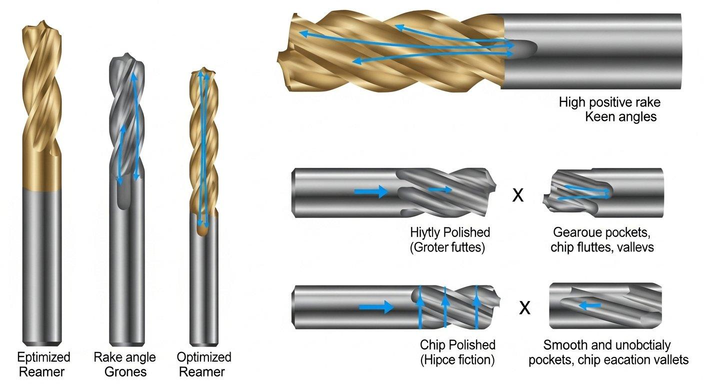 Un gráfico vectorial detallado que ilustra varias geometrías de herramientas de corte diseñadas específicamente para aluminio. Mostrar vistas laterales de fresas con alta