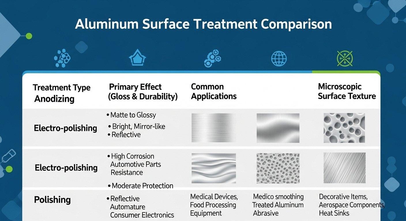 Un gráfico vectorial o infografía detallada que compara diferentes opciones de tratamiento superficial para el aluminio, como anodizado, pulido electroquímico y po