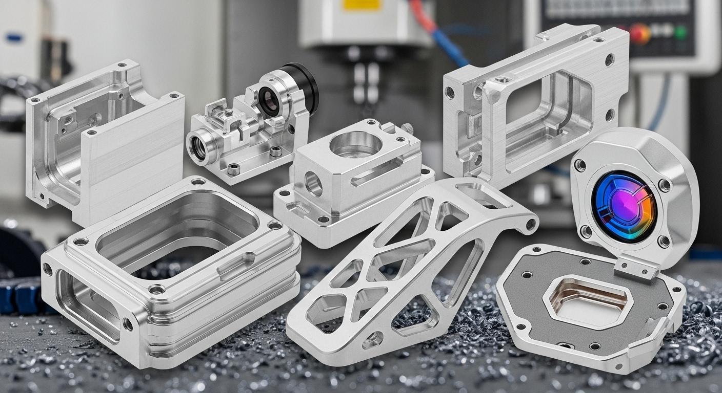A diverse collage of exquisitely finished aluminum CNC parts manufactured by ly machining spanning various industries like aerospace medical an