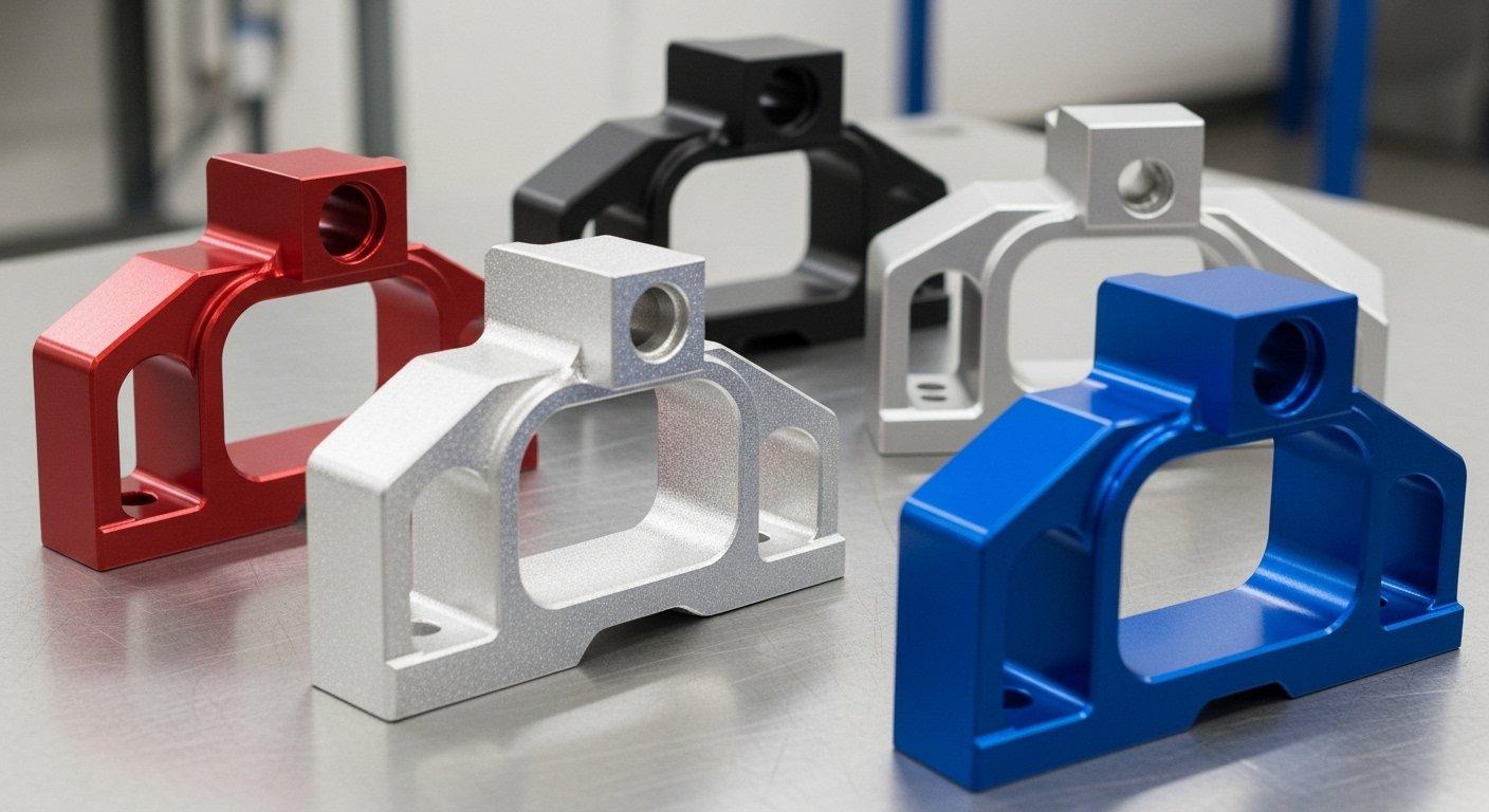 A dynamic collection of five different CNC machined aluminum parts each showcasing a distinct powder coated finish. One part is a vibrant red an