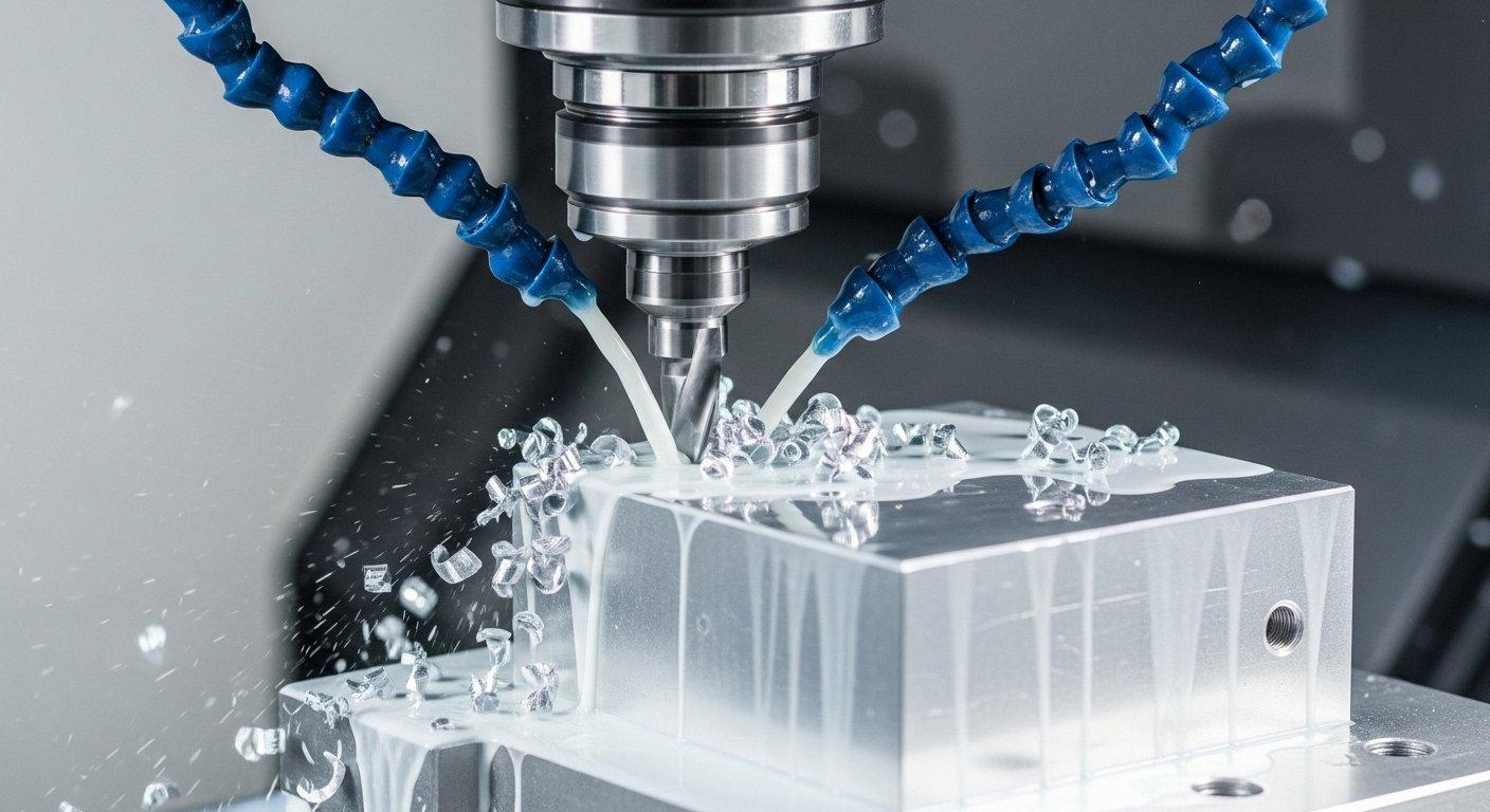 Una toma dinámica de una máquina CNC mecanizando activamente una pieza de aluminio. El refrigerante fluye visiblemente sobre la zona de corte y las virutas se están eliminando de manera eficiente.