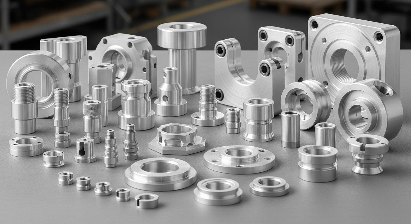 A high angle shot showcasing a diverse collection of precision CNC machined aluminum components ranging from small intricate parts to larger co