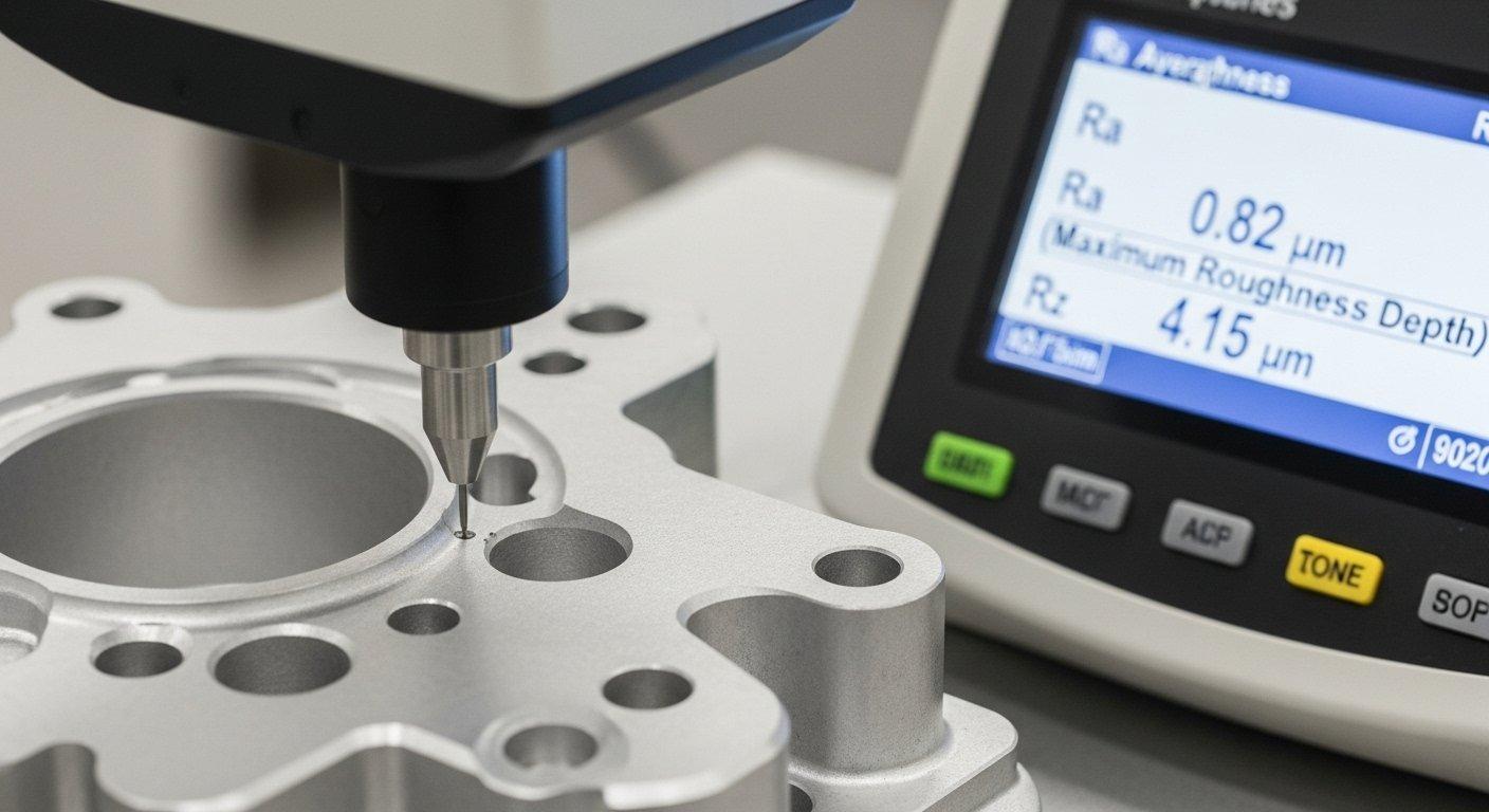 Un perfilómetro de alta precisión para medir la rugosidad superficial en acción, midiendo la superficie de una pieza de aluminio mecanizada por CNC. La pantalla digital muestra los resultados.