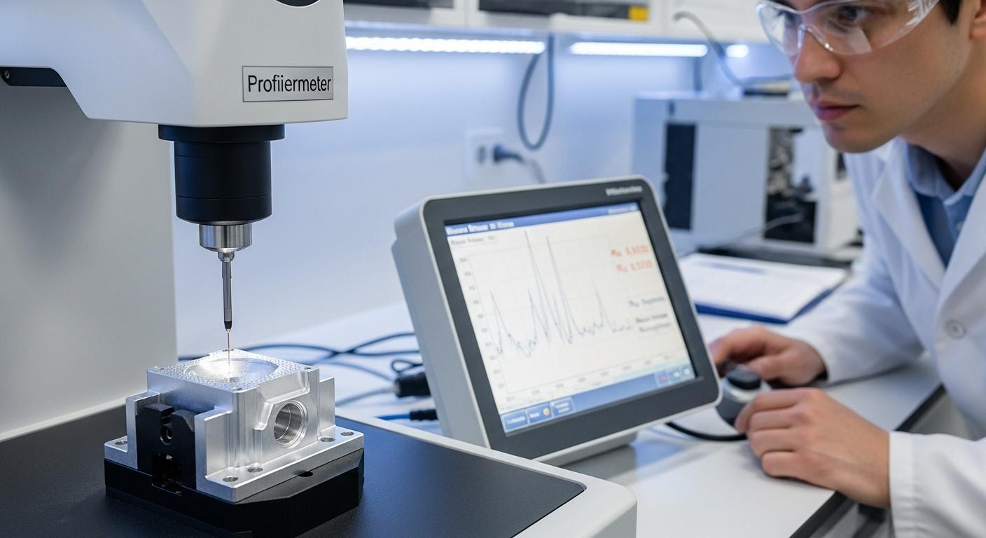 A high quality photo inside a pristine quality control lab. A contact profilometer is shown actively measuring the surface of a small precisely m