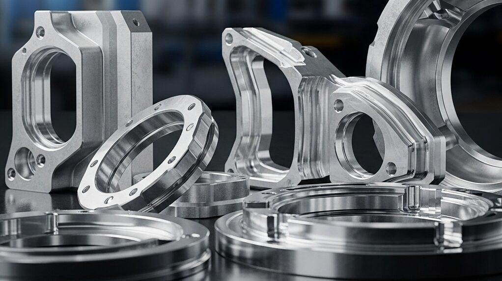 A high resolution dynamic shot showcasing a variety of intricately CNC machined aluminum parts some with matte finishes others polished arrang 1 e1758780872184