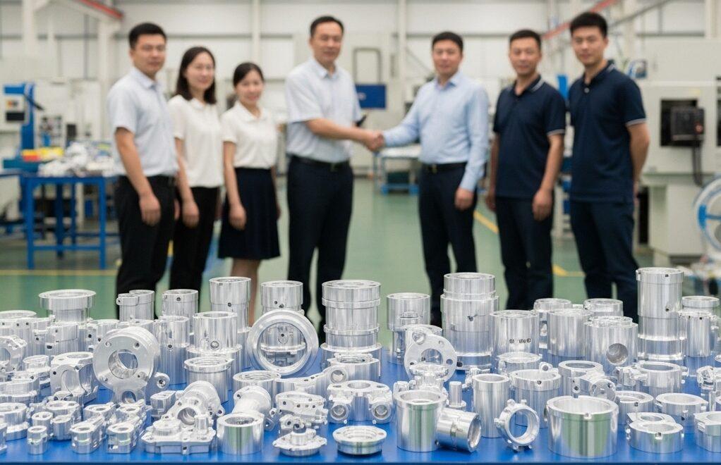 6061 & 7075 CNC Machining: High-Strength Selection 6 A hyper realistic professional photograph of a modern Chinese factory floor showcasing various finished aluminum CNC machined parts some 6061 e1758527473215