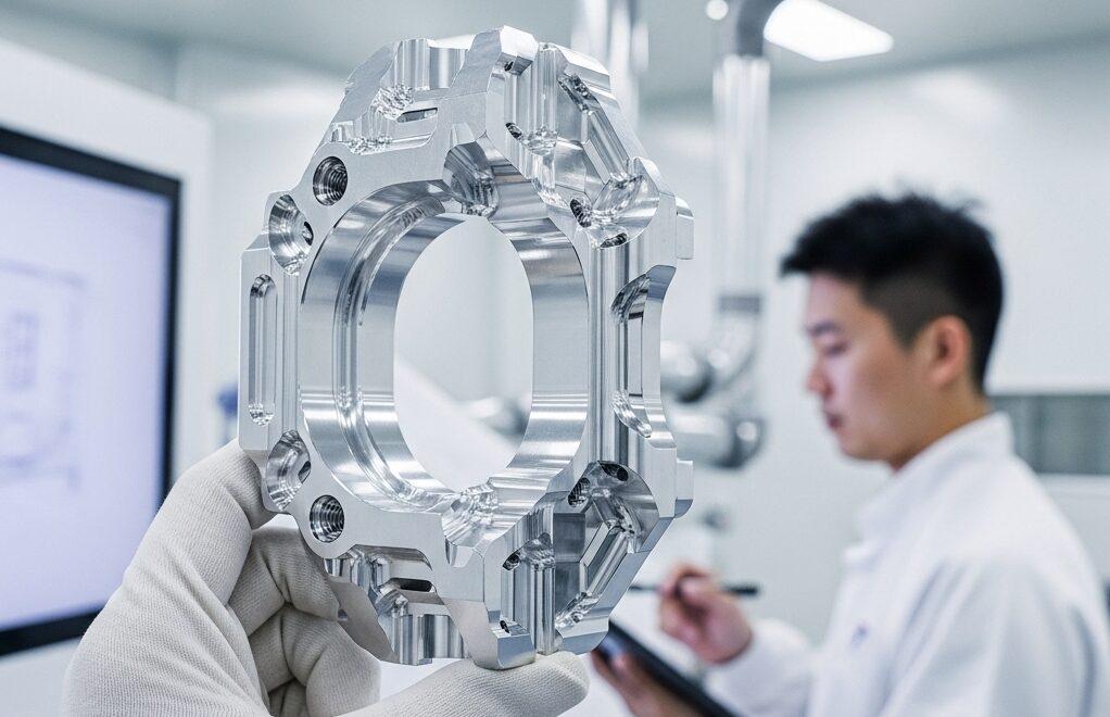 6061 & 7075 CNC Machining: High-Strength Selection 2 A hyper realistic professional photograph showcasing a high precision aerospace component made from 7075 aluminum held by a gloved hand in a cl e1758526973977