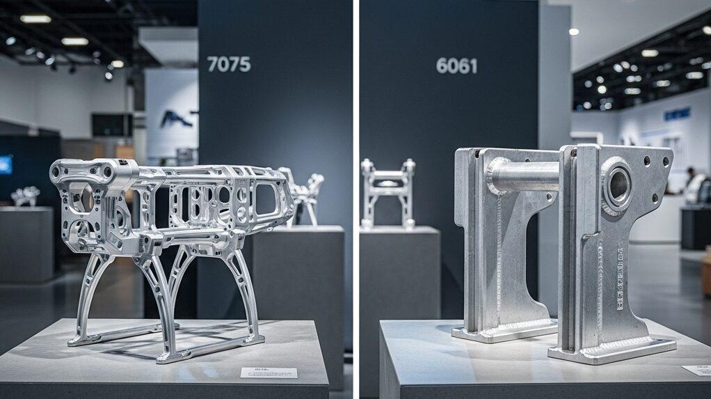 6061 & 7075 CNC Machining: High-Strength Selection 5 A hyper realistic professional photograph showing a finely crafted lightweight drone frame made from 7075 aluminum on one side and a robust co e1758527288473