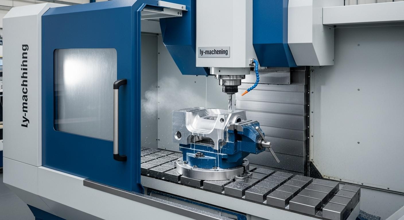 A modern 5 axis CNC machining center at ly machining actively cutting an aluminum workpiece. The machine should appear robust and stable with em