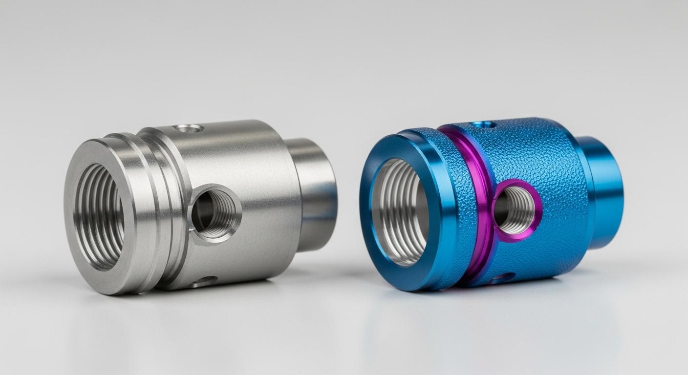 A powerful visual comparison showcasing an untreated versus a surface treated aluminum CNC machined part highlighting enhanced durability perfor
