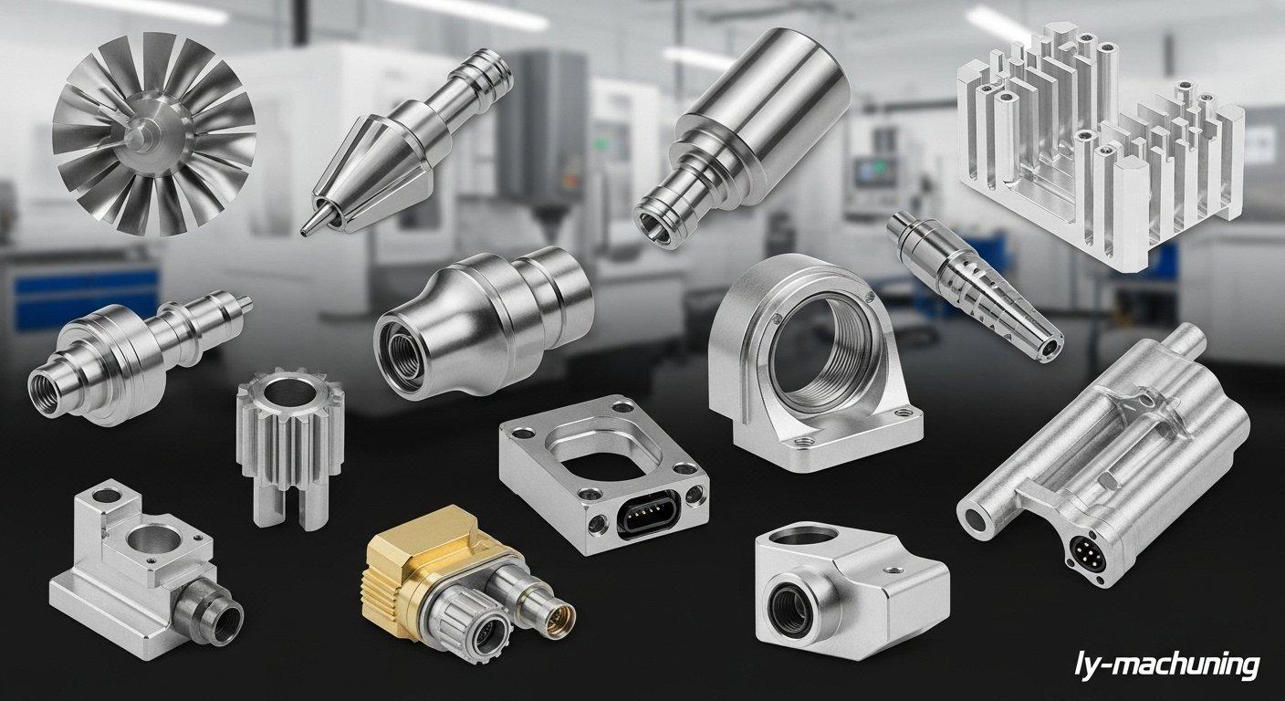 Havacılık, tıbbi ve elektronik endüstrileri için yüksek hassasiyetli CNC işlenmiş parçaları içeren ürün kolajı, çeşitli malzemeleri sergiliyor