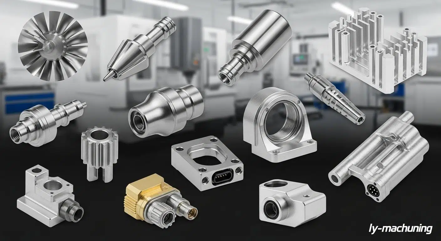 Un collage de productos que presenta piezas de mecanizado CNC de alta precisión para las industrias aeroespacial, médica y electrónica, mostrando diversos materiales y acabados