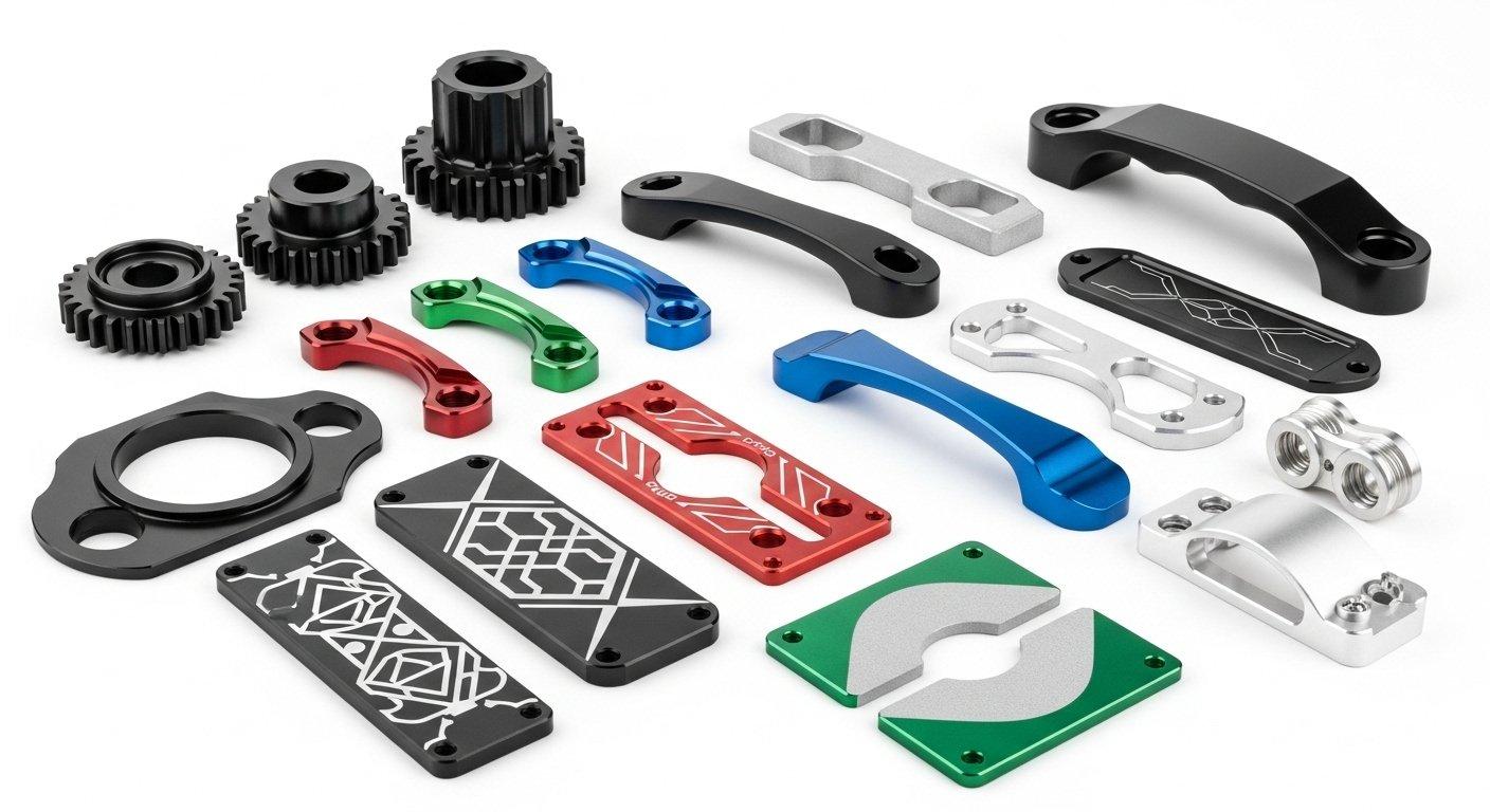 A product collection showcasing high gloss intricate aluminum parts that have undergone various advanced surface finishing processes e.g. anodi