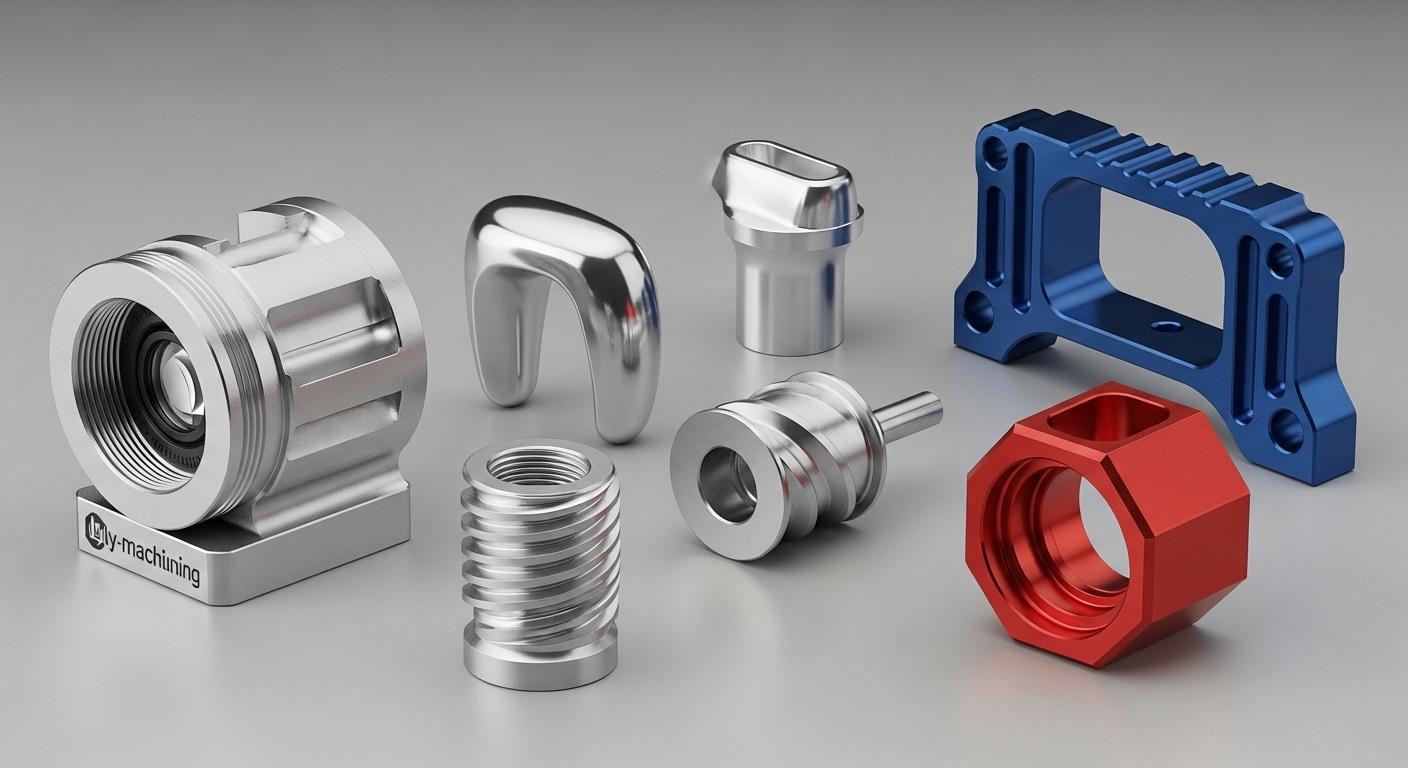 A professional studio photograph of a collection of diverse high precision CNC machined aluminum components from ly machining. The parts should
