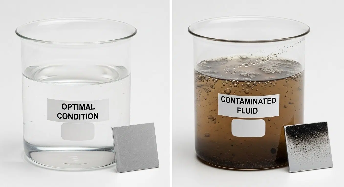 A side by side comparison image of two beakers. One beaker contains clean transparent cutting fluid with a label Optimal Condition. The other b
