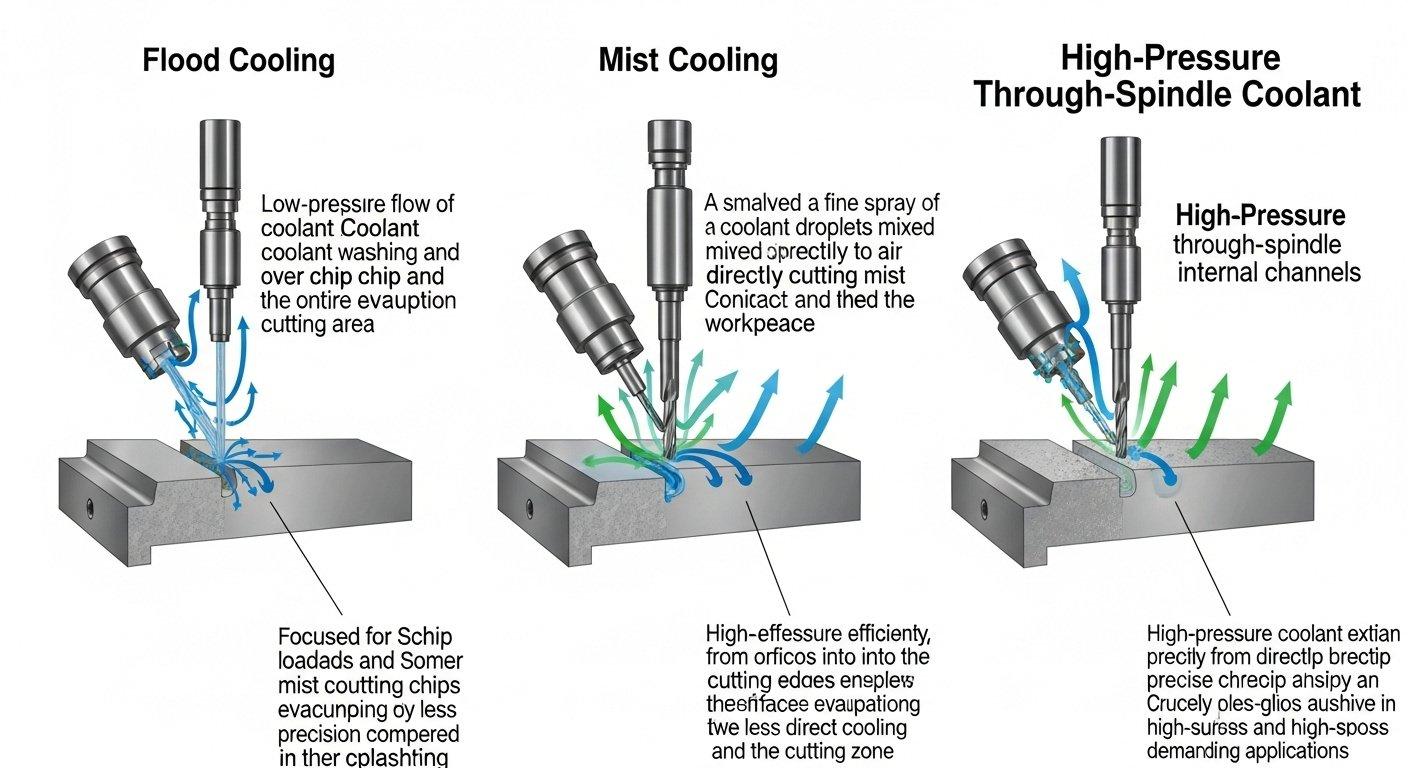 Un diagrama técnico que ilustra diferentes métodos de entrega de refrigerante en el mecanizado CNC de aluminio. Mostrar enfriamiento por inundación, niebla de enfriamiento y alta presión